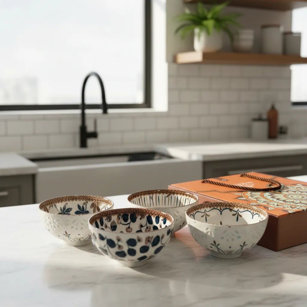 Jogo De 4 Tigelas Bowl Sortidas Porcelana + Caixa Presente Marrom
