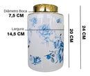 Vaso Decorativo Porcelana Azul e Branca Cilíndrico Floral 24x14,5