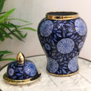 Vaso Decorativo Clássico de Porcelana Azul Marinho e Dourado com Tampa – 34x20 cm