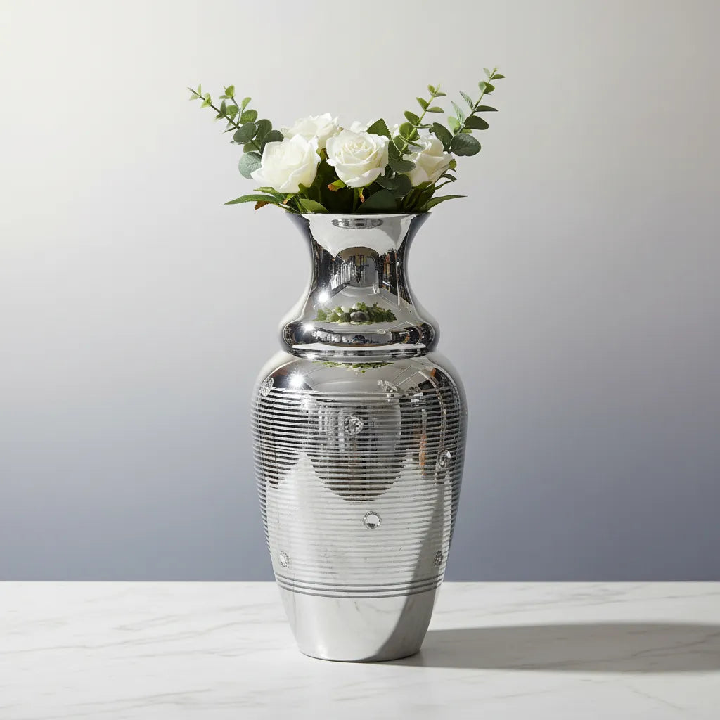 Vaso Decorativo em Vidro Prata Listrado 49x25cm – Elegância e Sofisticação