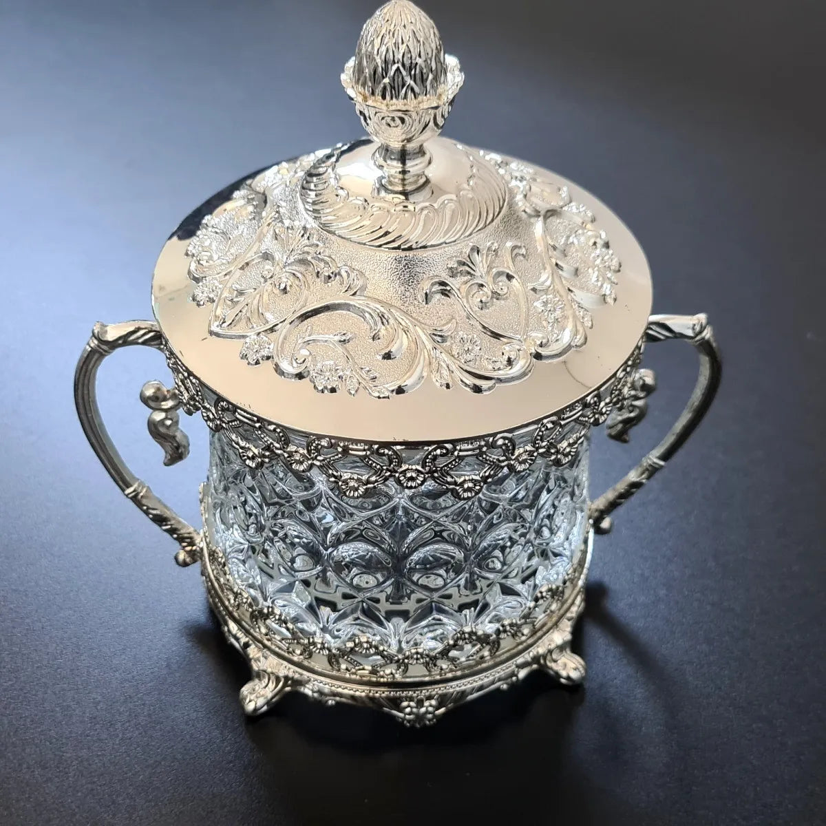 Açucareiro Indiano em Metal e Vidro Prateado 20x14