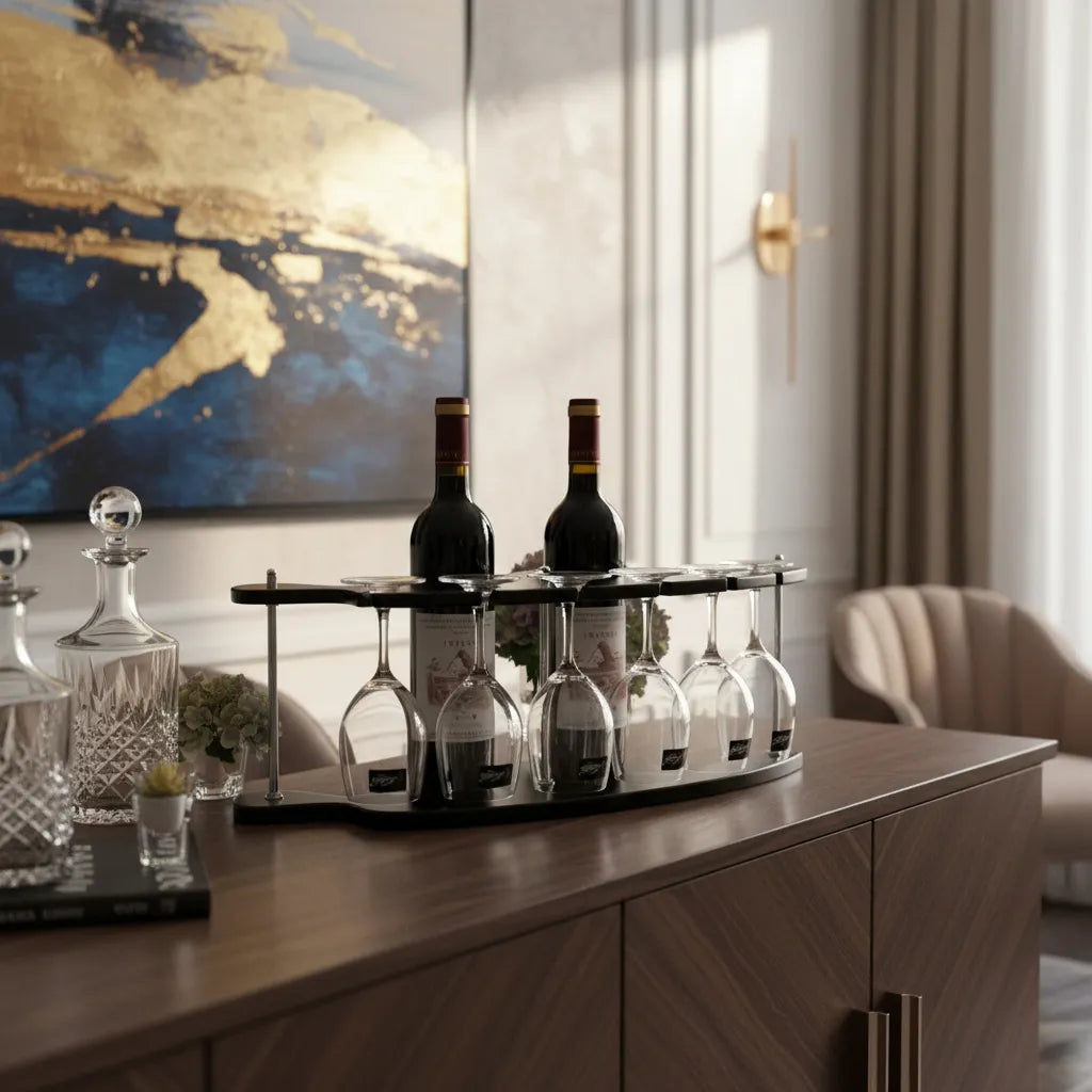 Adega de Vinho Rack em Madeira com Suporte para 2 Garrafas + 6 Taças | Home Bar Decorativo