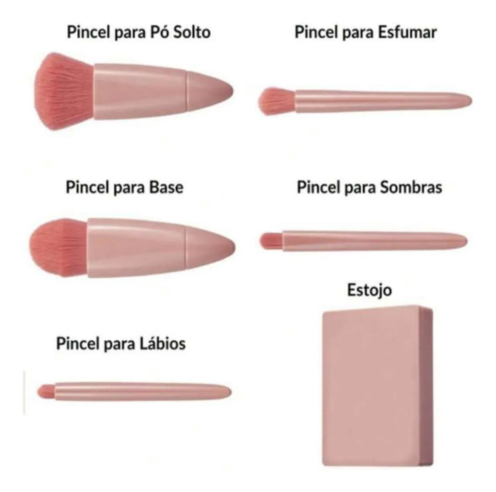Kit Pincéis de Maquiagem Viagem com Espelho – 5 Pincéis Rosa