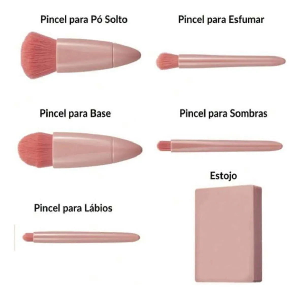 Kit Pincéis de Maquiagem Viagem com Espelho – 5 Pincéis Rosa