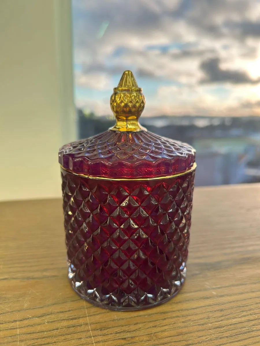 Porta Algodão / Porta Joias em Vidro Roxo com Tampa Borda Dourada 14x8cm