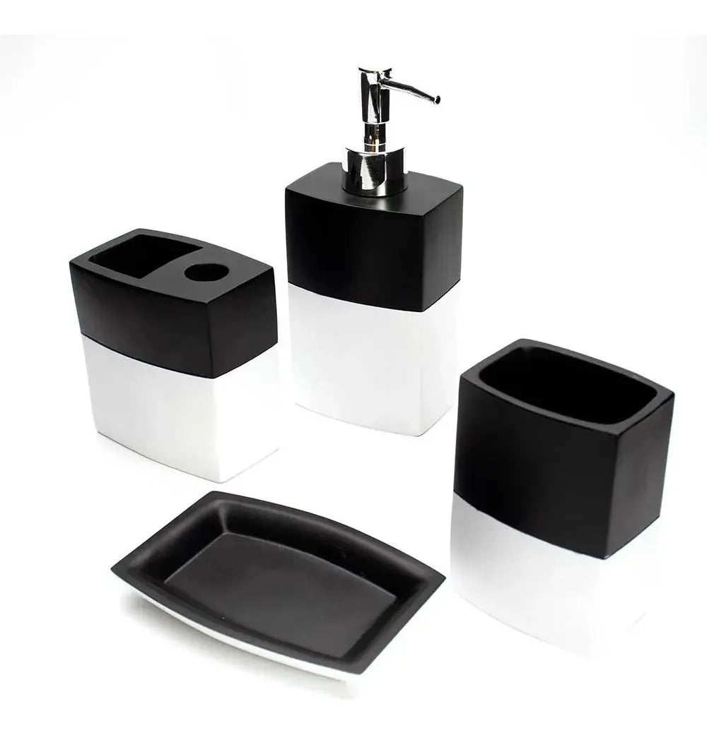 Kit Banheiro Lavabo 4 Peças Preto e Branco Elegance