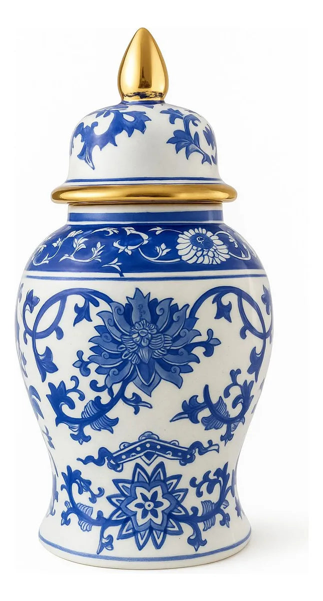 Vaso Decorativo em Porcelana Azul Imperial com Tampa 40x19cm