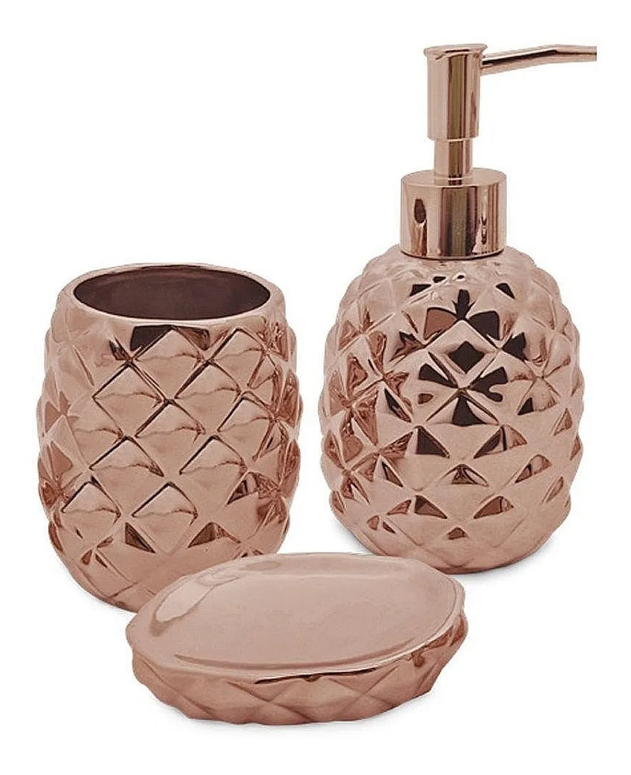 Kit Banheiro Lavabo 3 Peças Porta Sabonete Liquído Rose Rosa
