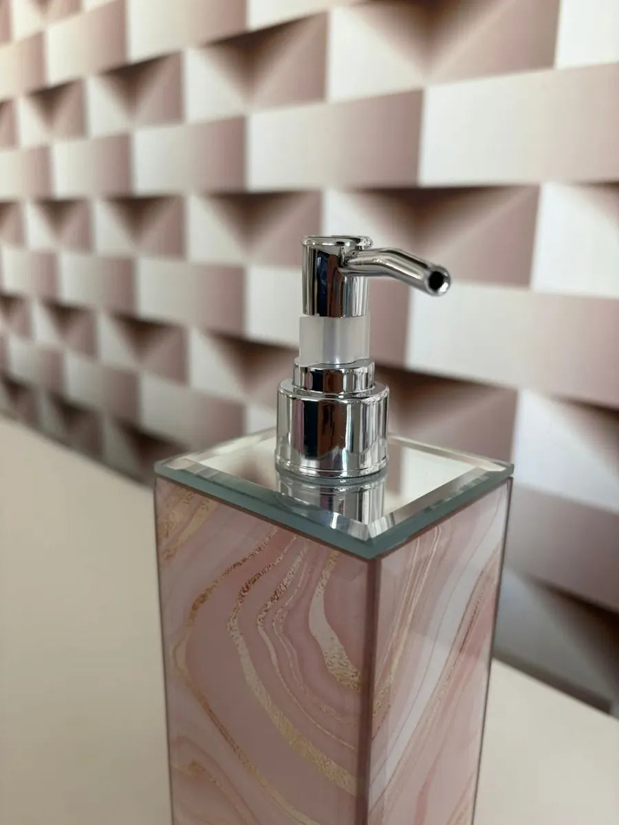 Saboneteira Porta Sabonete Líquido em Vidro Rosa Mármorizado 300ml – Elegância e Delicadeza