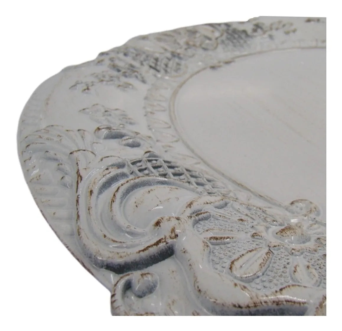 Sousplat de Poliresina Branco Vintage com Relevo – 36 x 36 cm | Pronta Entrega