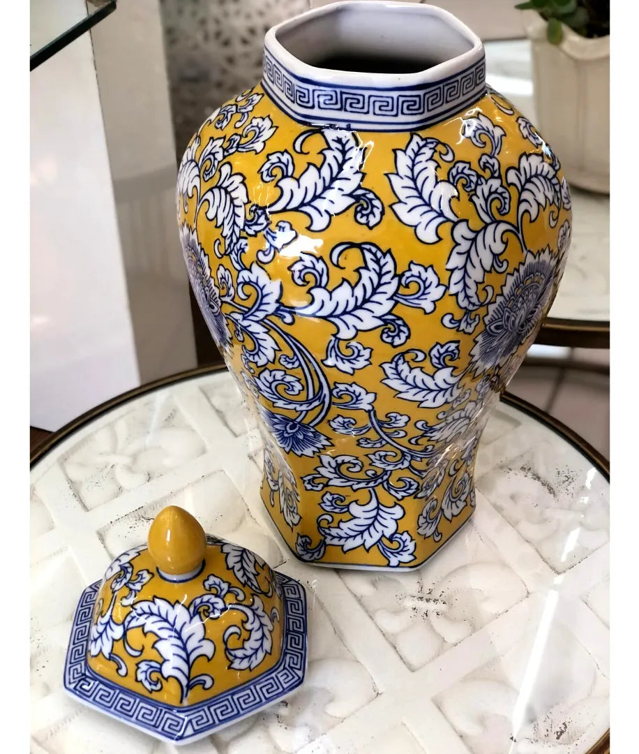 Vaso Decorativo em Porcelana Floral Azul com Base Laranja 36cm – Clássico Elegante
