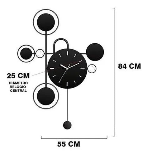 Relógio de Parede 3D Contemporâneo Nórdico Metal Preto 84x55 – Vazado