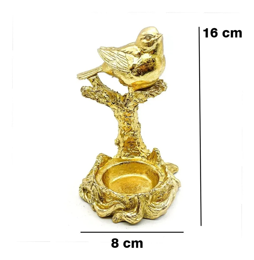 Escultura Decorativa Pássaro Dourado com Castiçal em Poliresina – 16x8 cm