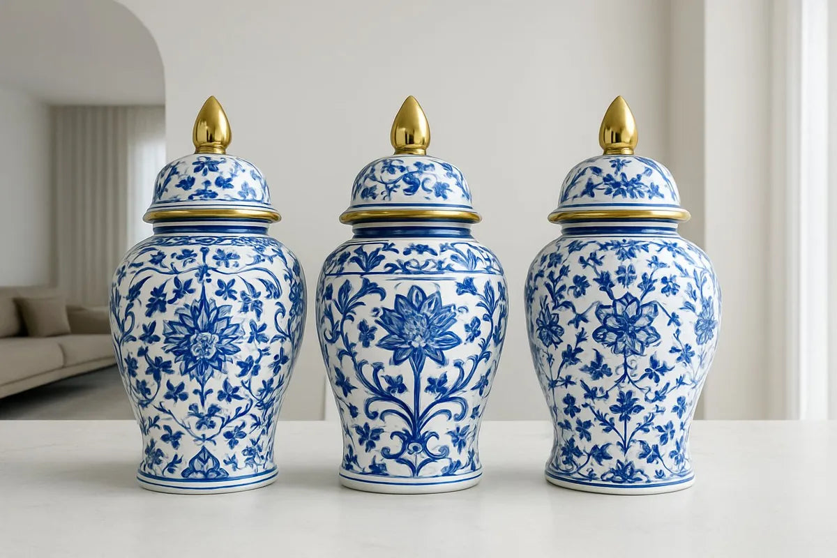 Vaso Decorativo em Porcelana Azul Imperial com Tampa 40x19cm