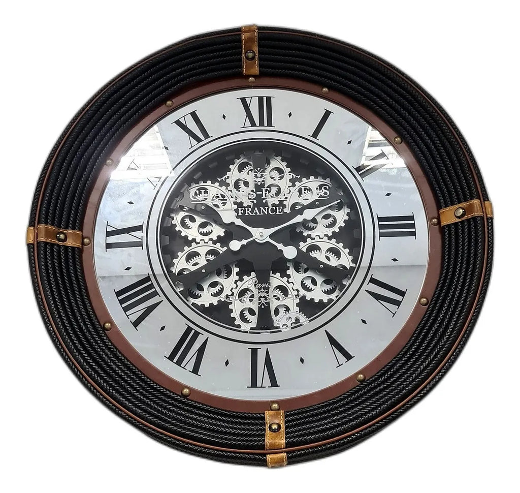 Relógio de Parede Vintage 77cm com Moldura em Couro e Fundo Espelhado