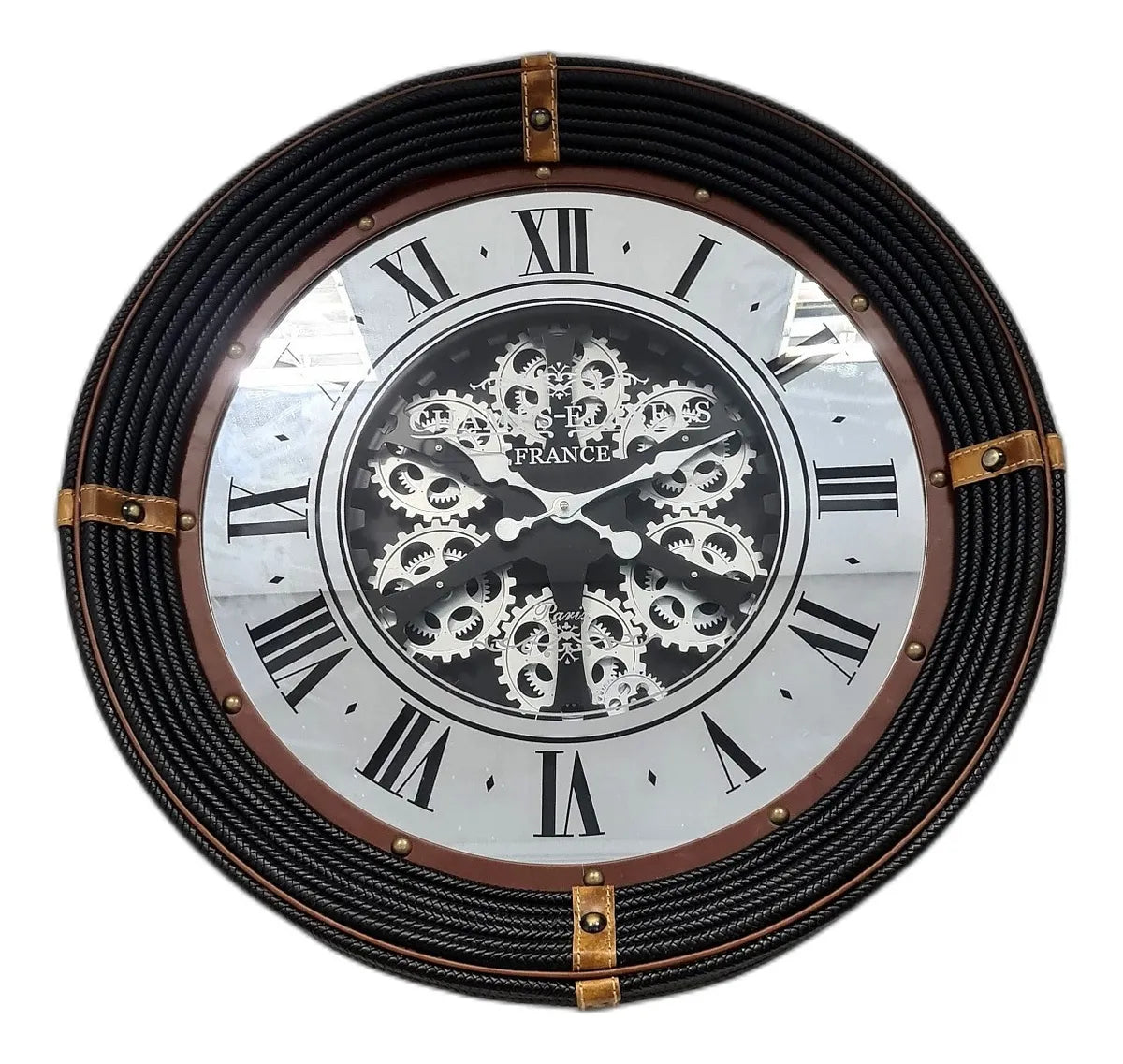 Relógio de Parede Vintage 77cm com Moldura em Couro e Fundo Espelhado