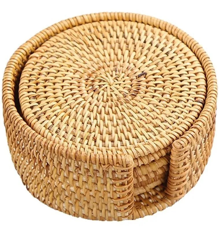 Porta-Copos em Vime com Suporte – Kit com 6 Peças | 10 cm | Marrom-claro