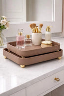 Kit 2 Bandejas Decorativas em Couro Sintético Marrom Claro Luxo Organizador Multiuso
