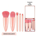 Kit Pincéis de Maquiagem Viagem com Espelho – 5 Pincéis Rosa