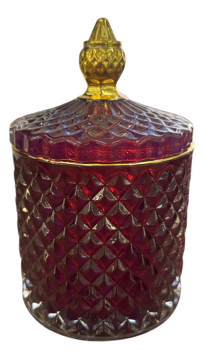 Porta Algodão / Porta Joias em Vidro Roxo com Tampa Borda Dourada 14x8cm