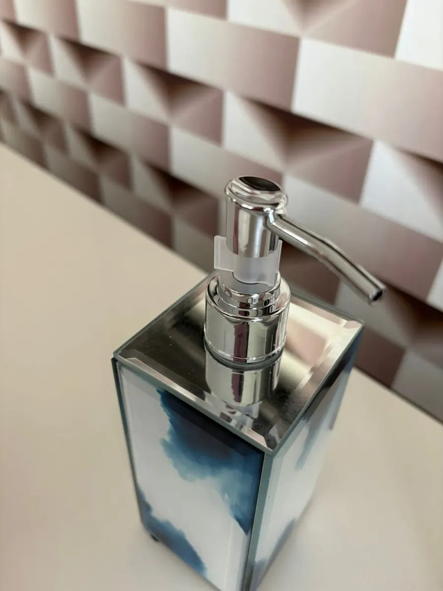 Saboneteira Líquida Premium em Vidro Azul Marmorizado 300ml – Sofisticação Moderna