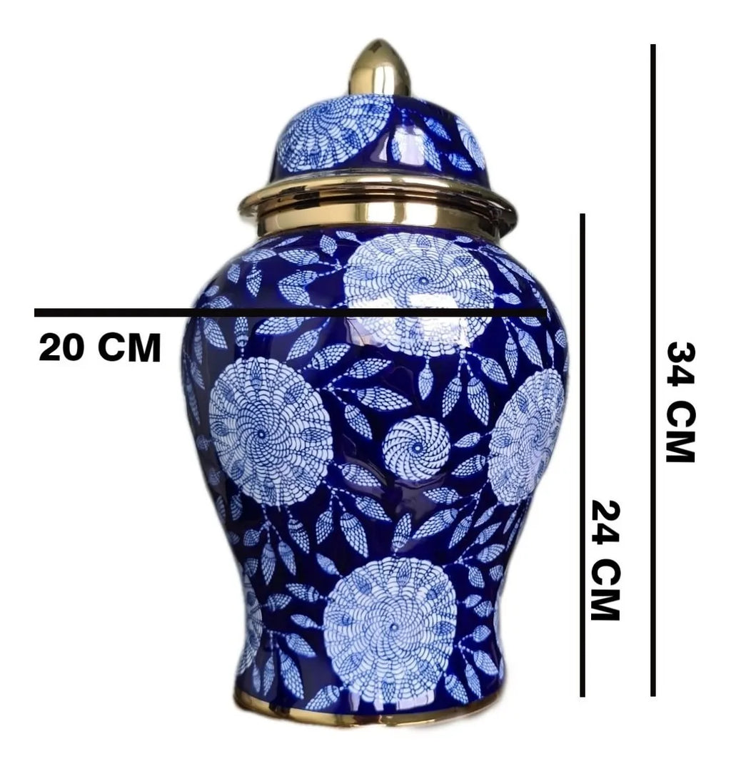 Vaso Decorativo Clássico de Porcelana Azul Marinho e Dourado com Tampa – 34x20 cm