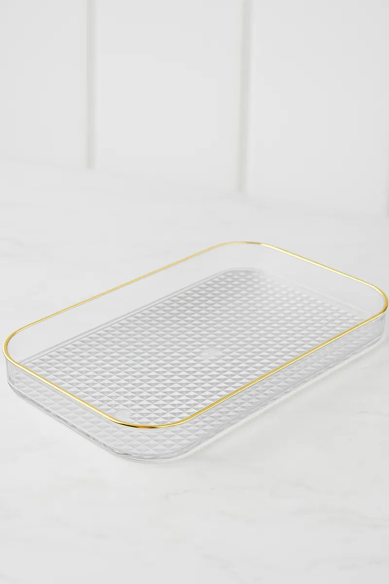 Bandeja Decorativa em Acrílico Cristal com Borda Dourada 30cm – Café & Beleza