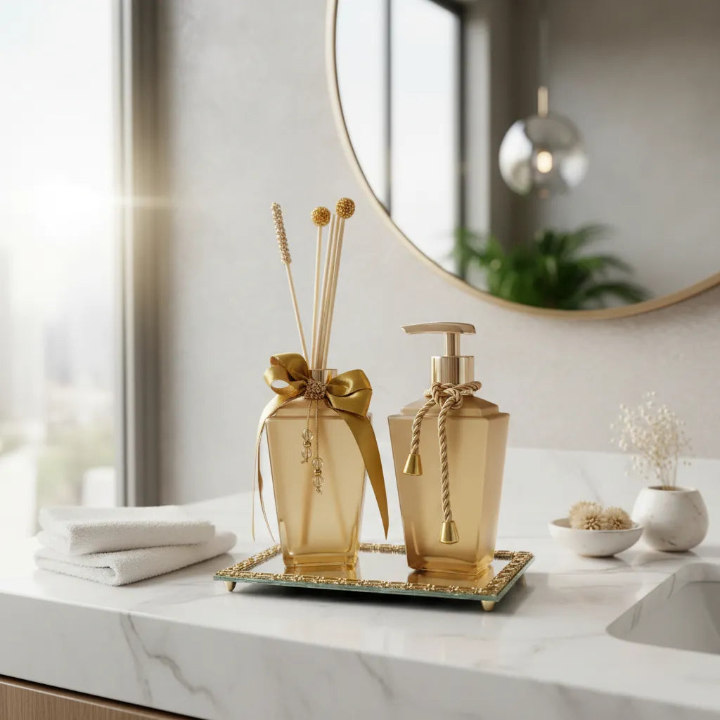 Kit Lavabo Difusor Sabonete Bandeja Espelhada Todo Em Vidro Marrom-claro