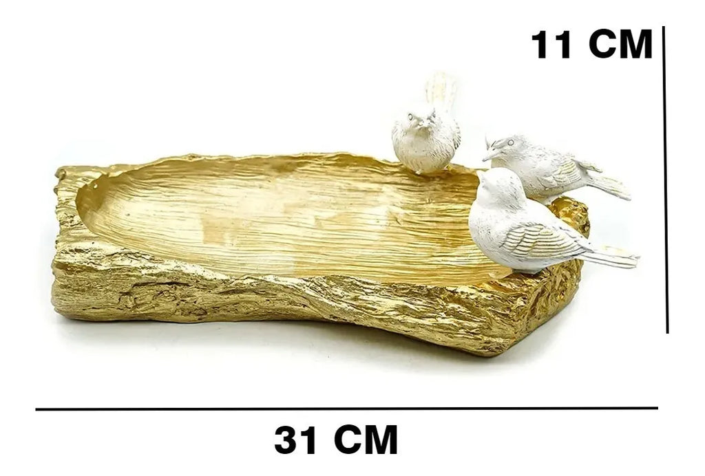 Escultura Decorativa 3 Pássaros em Resina – Branco e Dourado