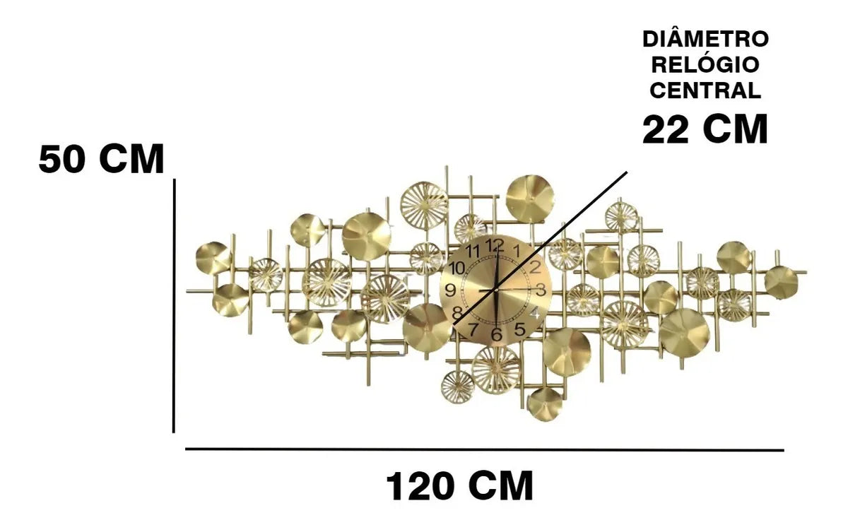 Relógio de Parede 3D Design Europeu em Metal com Folhas 120cm Dourado