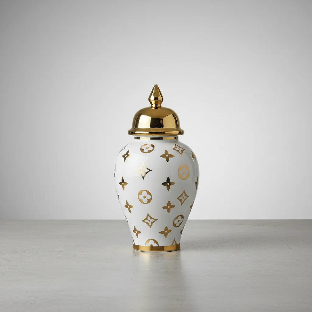 Vaso Decorativo Porcelana Branco Dourado 35x18 Luxo Branco E Dourado