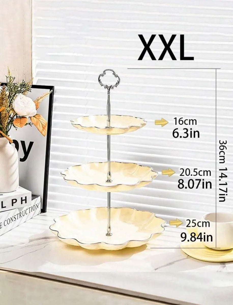 Prato 3 Andares Bege E Prata Luxo Doces Decoração 29CM