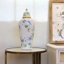 Vaso Decorativo de Porcelana Azul e Branco com Detalhes Verde e Amarelo – 45x17