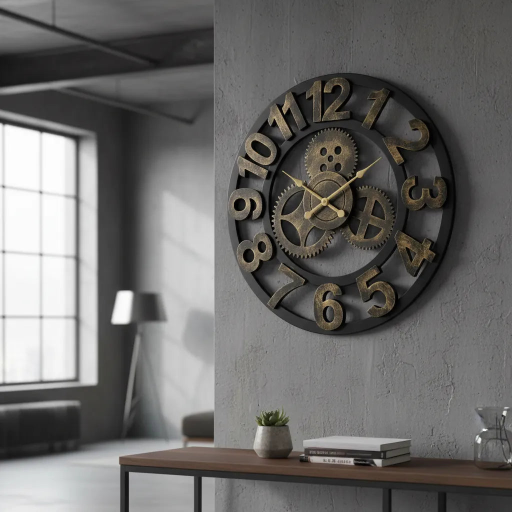 Relógio de Parede 3D Industrial Vazado Preto com Dourado 50cm – Design Europeu