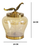 Vaso Decorativo em Vidro Dourado com Tampa e Base em Metal – 38 x 29 cm