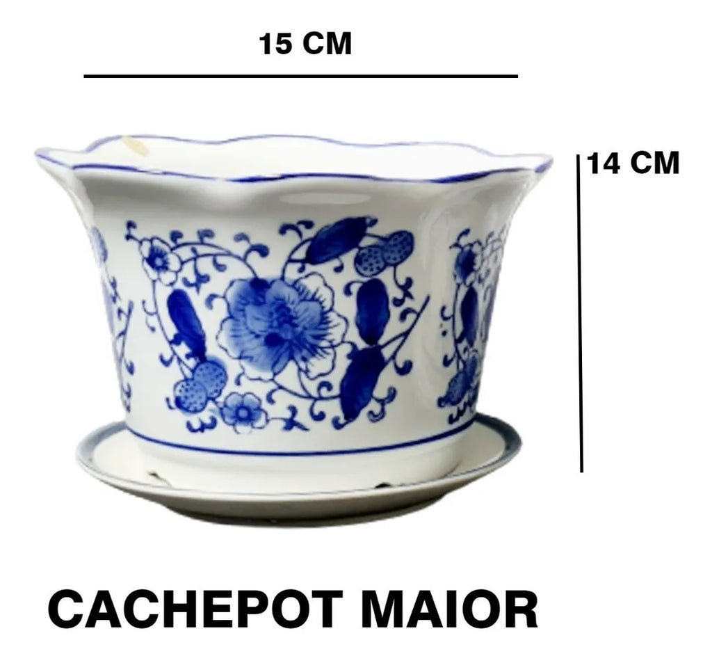 Jogo 3 Cachepot Cerâmica Chinesa Azul E Branca