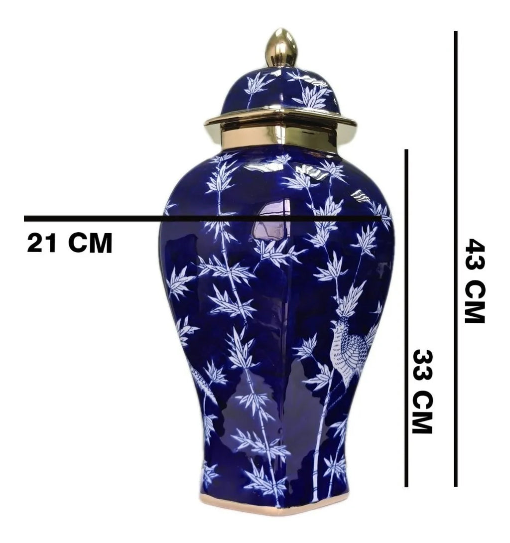 Vaso Decorativo de Porcelana Azul Marinho e Dourado com Tampa – 43x21