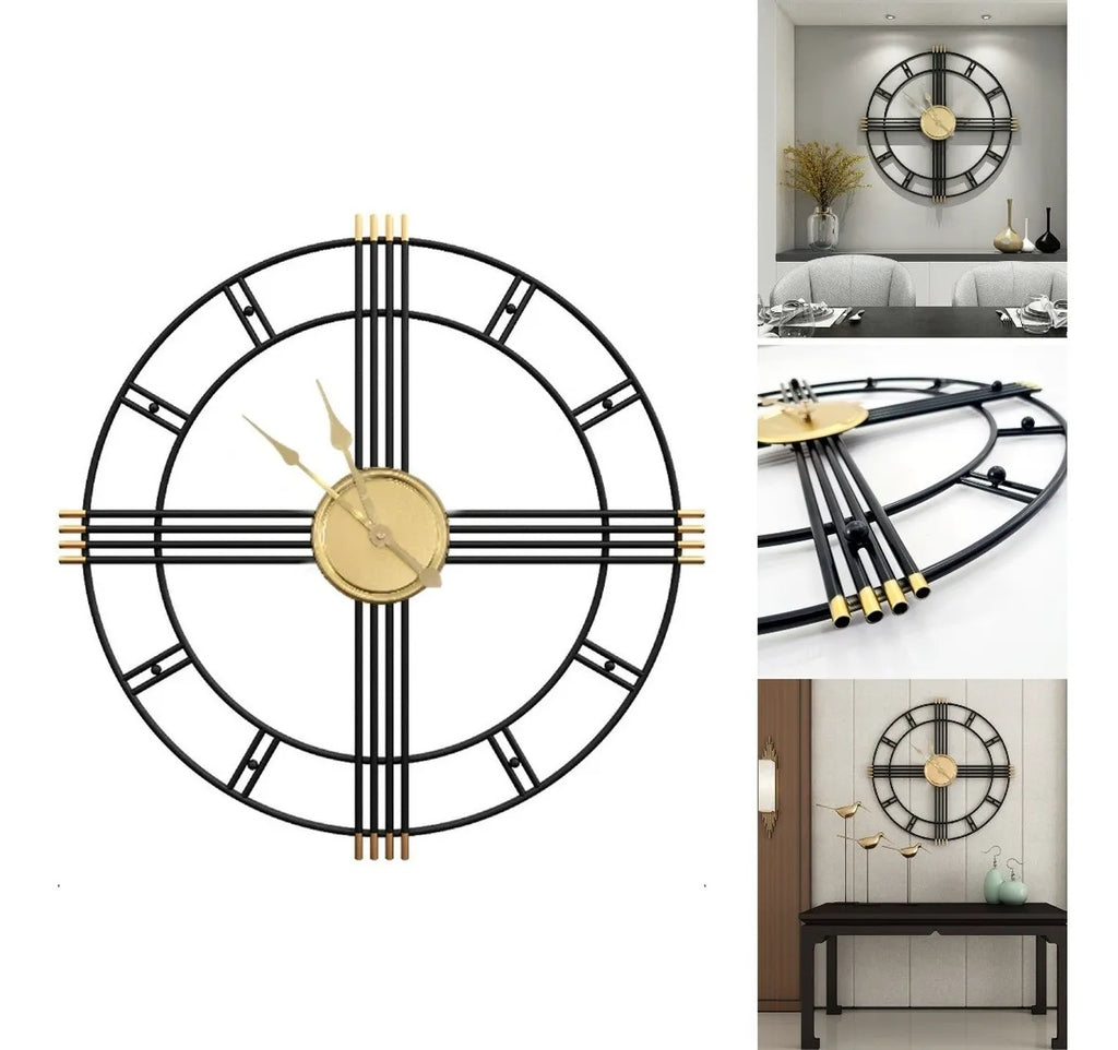 Relógio de Parede Preto com Dourado – Design Europeu Vazado 3D | 50 cm