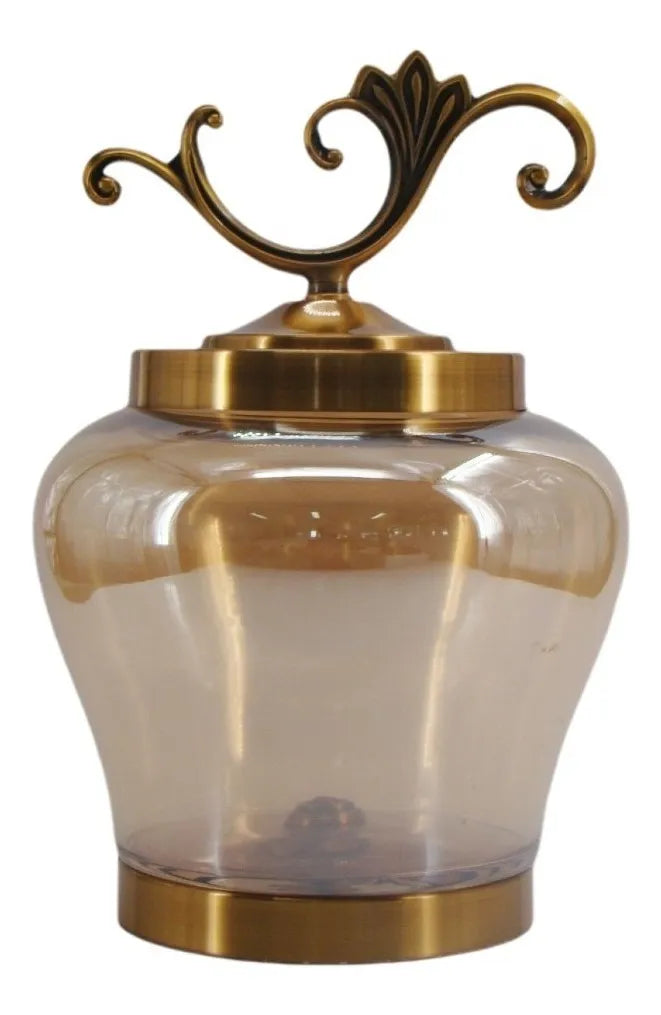 Vaso Decorativo em Vidro Dourado com Tampa e Base em Metal – 35 x 25 cm | Estilo Imperial