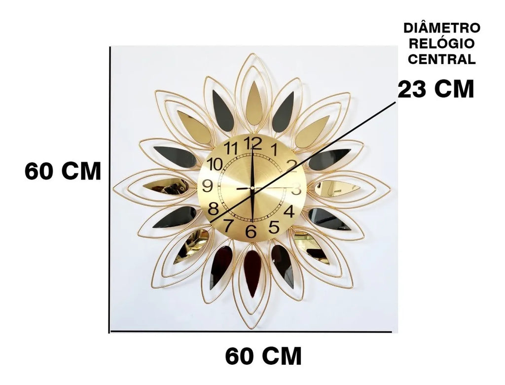 Relógio de Parede Dourado com Folhas Espelhadas em Metal – Design Europeu 60x60 (Silencioso)