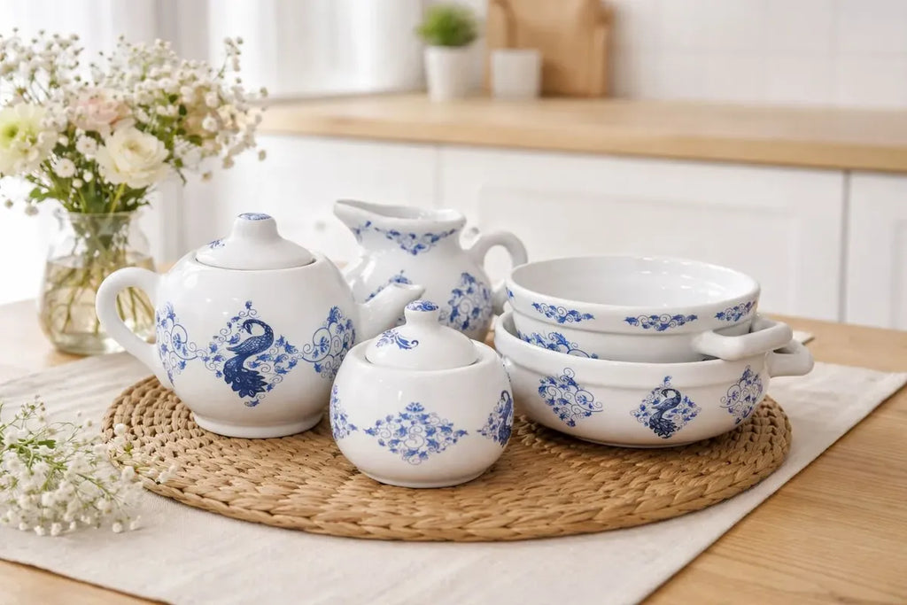 Bule Porcelana Azul Cavalo Marinho Luxo 21x13x14 cm
