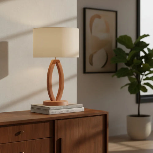 Abajur de Mesa Madeira Imbuia 60x40cm com Cúpula em Linho Bege – Bivolt