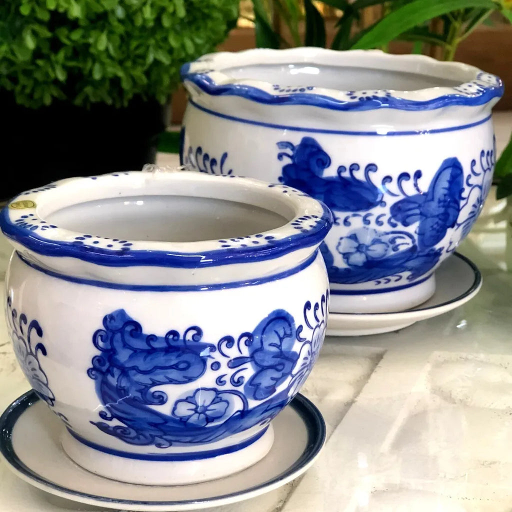 Jogo 3 Cachepot Cerâmica Vasos E Pires Azul E Branco