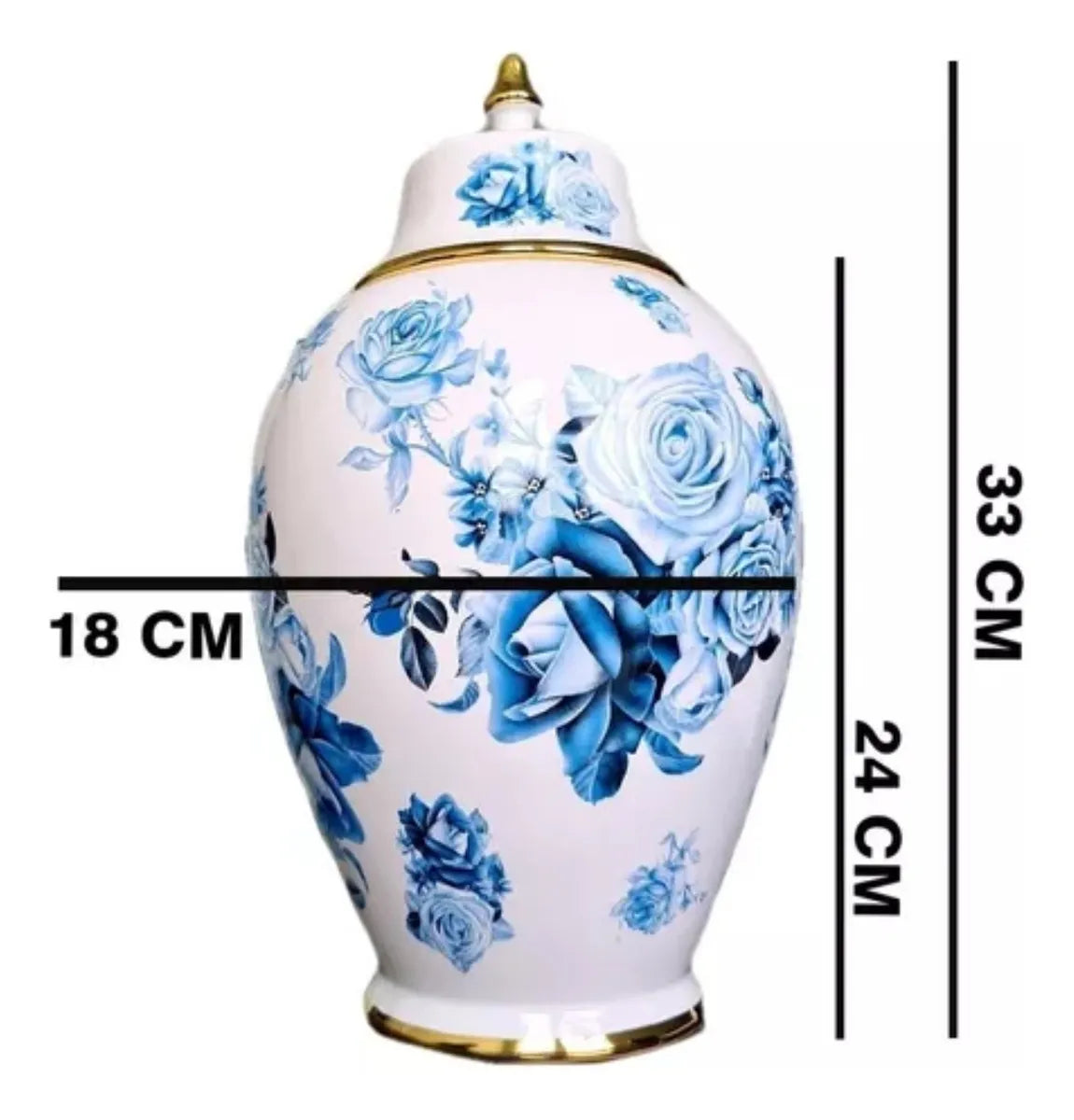 Vaso Decorativo Porcelana Azul e Branca com Tampa 33x18