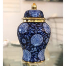 Vaso Decorativo Clássico de Porcelana Azul Marinho e Dourado com Tampa – 34x20 cm