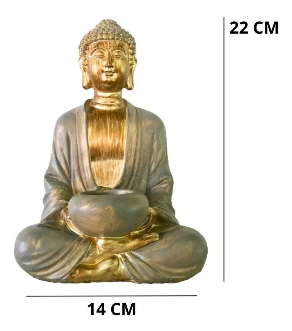 Buda Decorativo Porta-Vela em Poliresina – Dourado | 22 x 14 cm