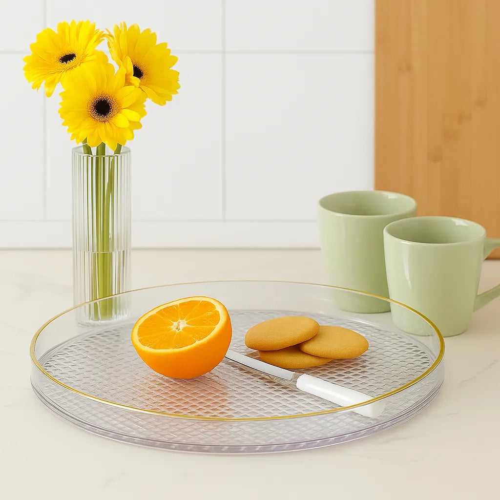 Bandeja Decorativa em Acrílico Cristal com Borda Dourada 30cm – Café & Beleza