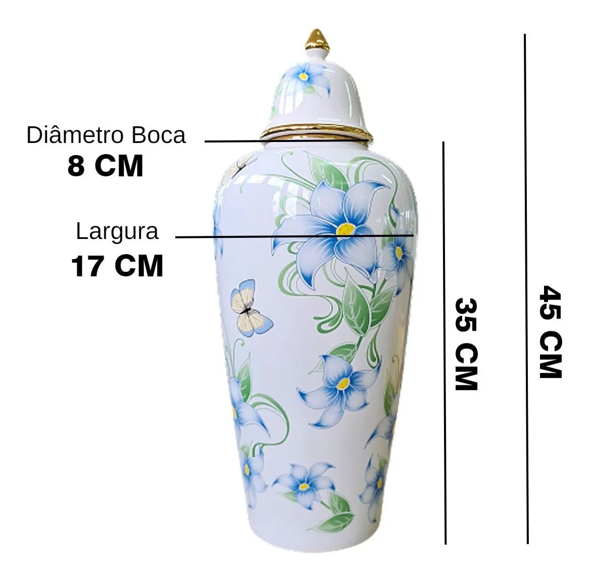 Vaso Decorativo de Porcelana Azul e Branco com Detalhes Verde e Amarelo – 45x17