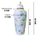 Vaso Decorativo de Porcelana Azul e Branco com Detalhes Verde e Amarelo – 45x17