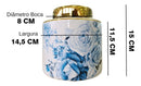 Vaso Decorativo Porcelana Azul e Branca Cilíndrico Floral 15x14,5